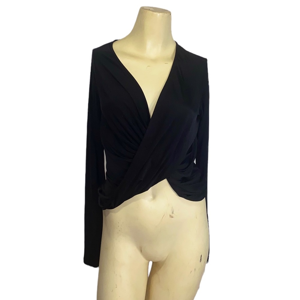 Womens Black Long Sleeve High Low Wrap Style Shirt Size L